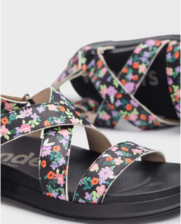 Wonders sandalia ola floral negro calzado mujer 022RR325