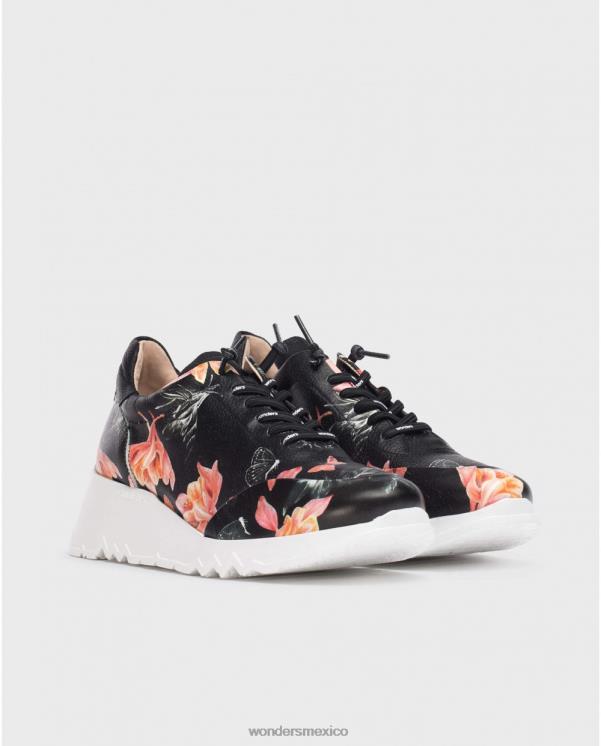 Wonders zapatilla negra floral glam calzado mujer 022RR334