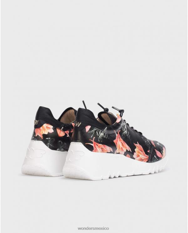 Wonders zapatilla negra floral glam calzado mujer 022RR334
